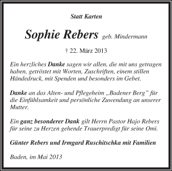 Traueranzeige von Sophie Rebers von KRZ
