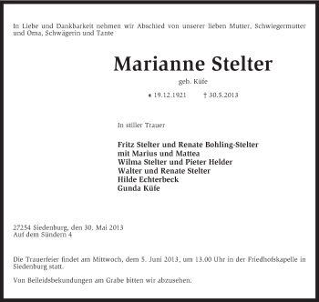 Traueranzeige von Marianne Stelter von KRZ