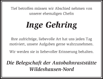 Traueranzeige von Inge Gehring von KRZ