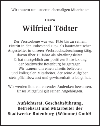 Traueranzeige von Wilfried Tödter von KRZ