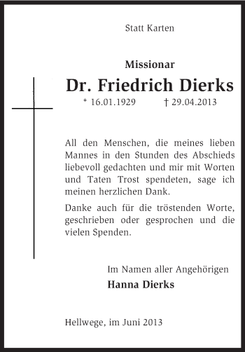 Traueranzeige von Friedrich Dierks von KRZ