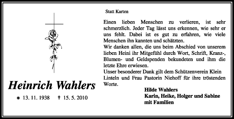  Traueranzeige für Heinrich Wahlers vom 10.07.2010 aus KREISZEITUNG SYKE