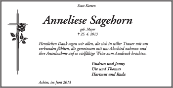 Traueranzeige von Anneliese Sagehorn von KRZ