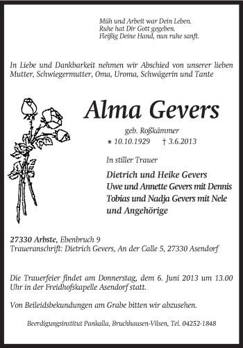 Traueranzeige von Alma Gevers von KRZ