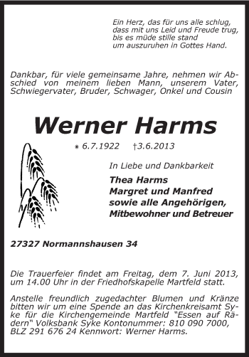 Traueranzeige von Werner Harms von KRZ