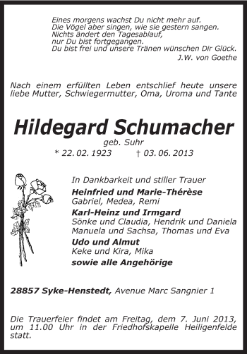 Traueranzeige von Hildegard Schumacher von KRZ