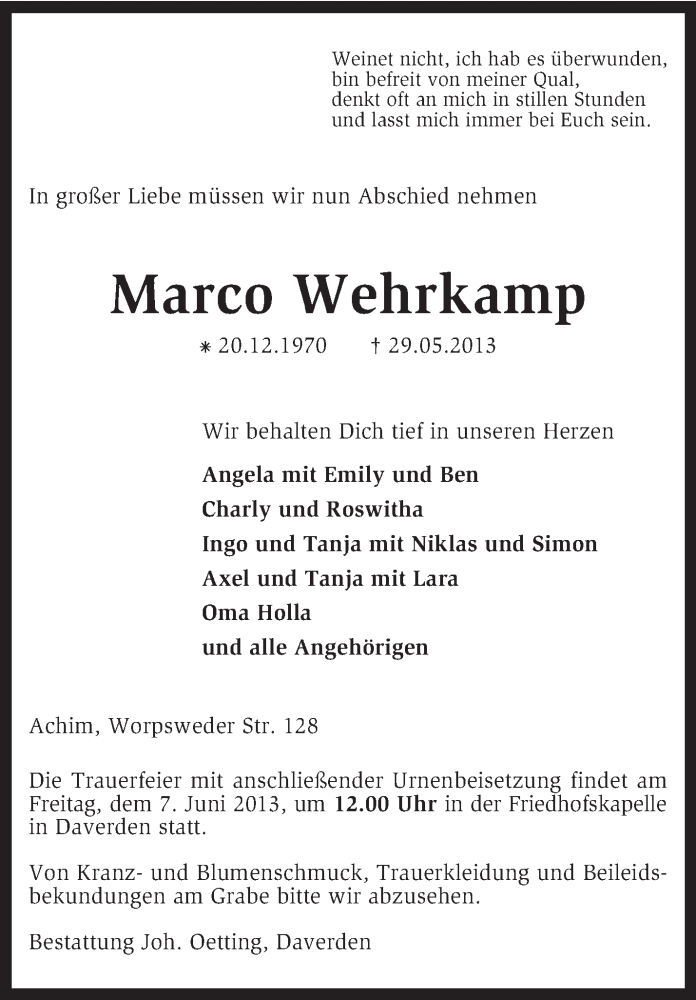  Traueranzeige für Marco Wehrkamp vom 05.06.2013 aus KRZ