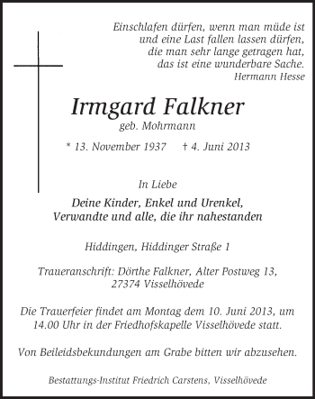 Traueranzeige von Irmgard Falkner von KRZ