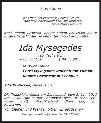 Traueranzeige von Ida Mysegades von KRZ