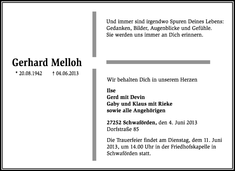  Traueranzeige für Gerhard Melloh vom 07.06.2013 aus KRZ