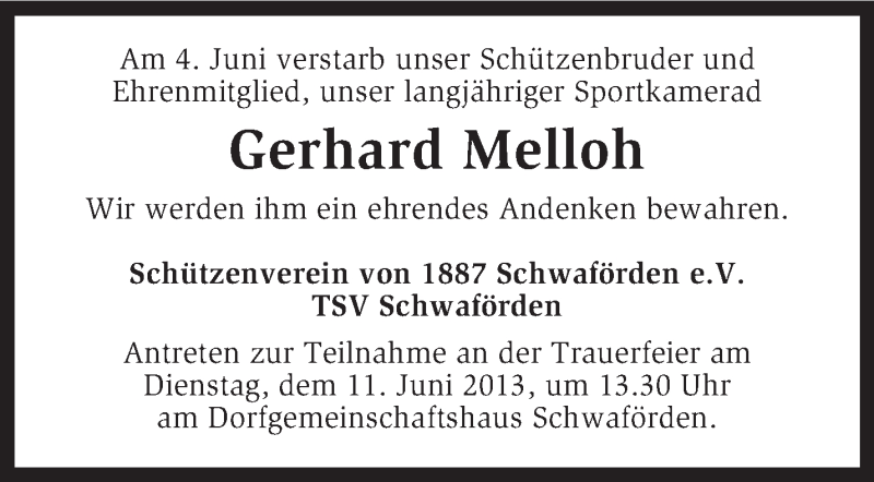  Traueranzeige für Gerhard Melloh vom 07.06.2013 aus KRZ