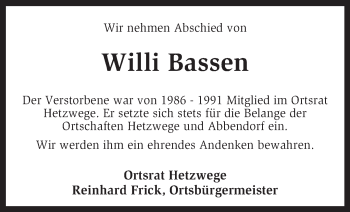 Traueranzeige von Willi Bassen von KRZ