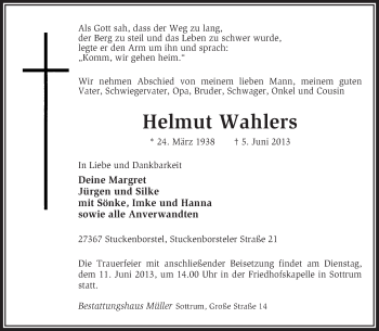 Traueranzeige von Helmut Wahlers von KRZ