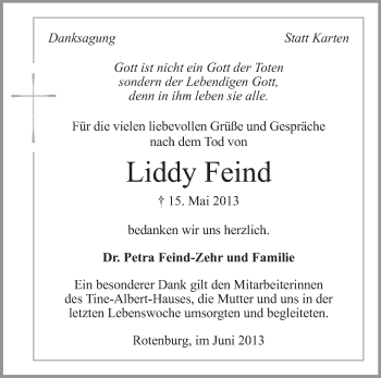 Traueranzeige von Liddy Feind von KRZ