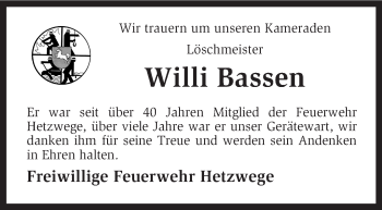 Traueranzeige von Willi Bassen von KRZ