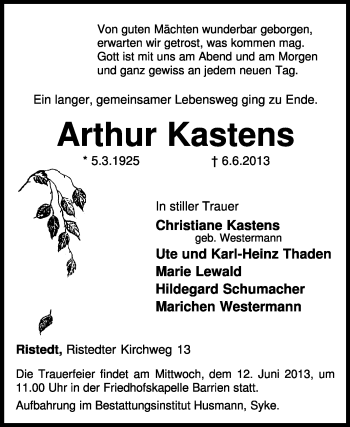 Traueranzeige von Arthur Kastens von KRZ