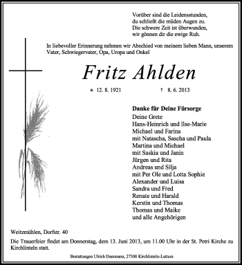 Traueranzeige von Fritz Ahlden von KRZ