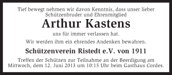 Traueranzeige von Artur Kastens von KRZ