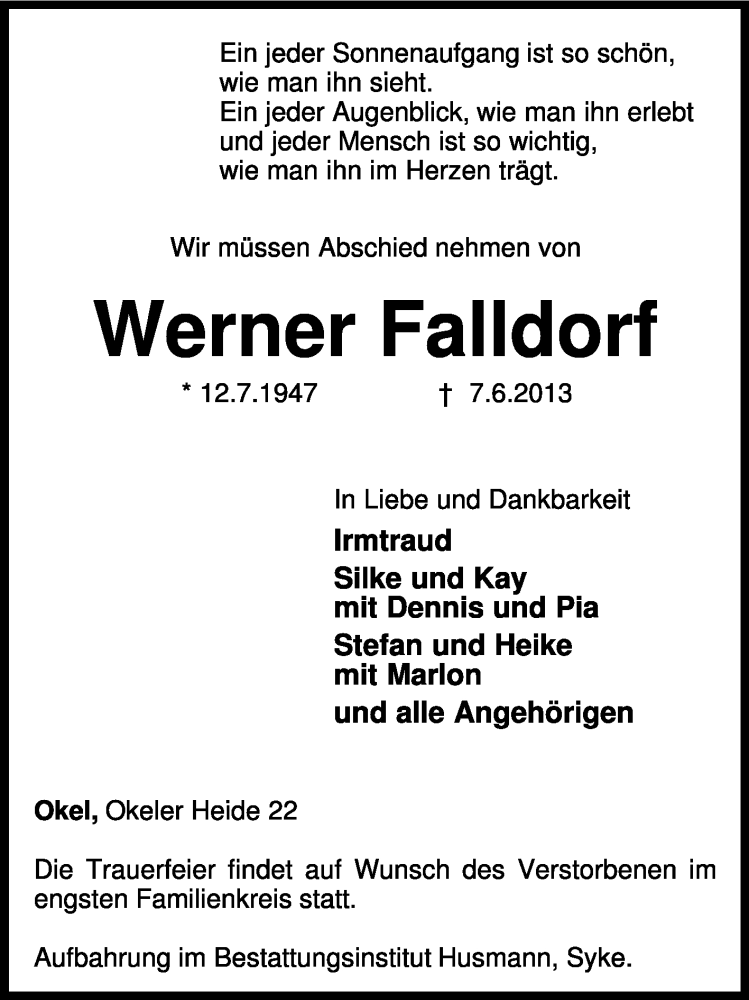  Traueranzeige für Werner Falldorf vom 11.06.2013 aus KRZ