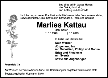 Traueranzeige von Marlies Kattau von KRZ