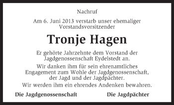 Traueranzeige von Tronje Hagen von KRZ