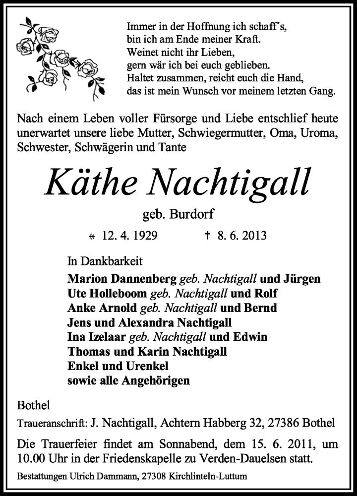  Traueranzeige für Käthe Nachtigall vom 11.06.2013 aus KRZ