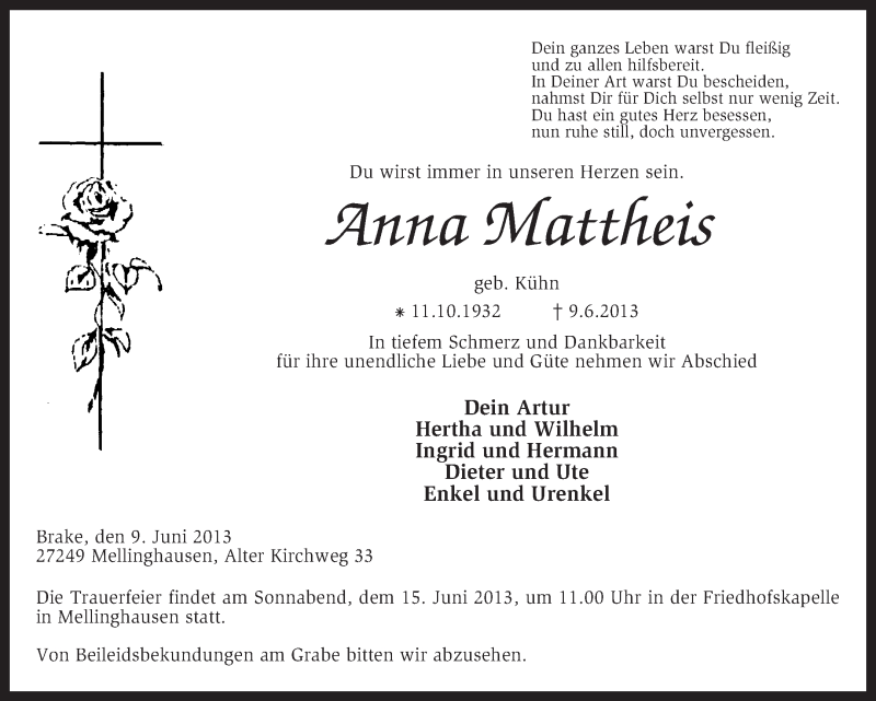  Traueranzeige für Anna Mattheis vom 11.06.2013 aus KRZ