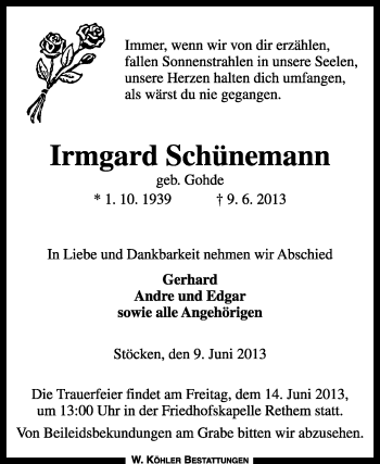 Traueranzeige von Irmgard Schünemann von KRZ