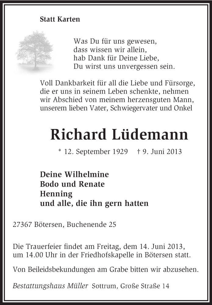  Traueranzeige für Richard Lüdemann vom 11.06.2013 aus KRZ