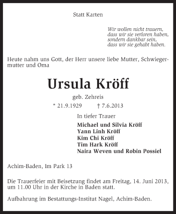 Traueranzeige von Ursula Kröff von KRZ