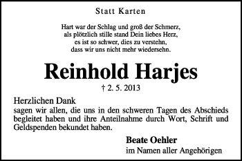 Traueranzeige von Reinhold Harjes von KRZ