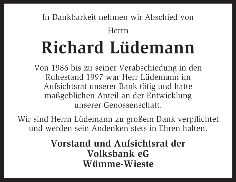  Traueranzeige für Richard Lüdemann vom 12.06.2013 aus KRZ