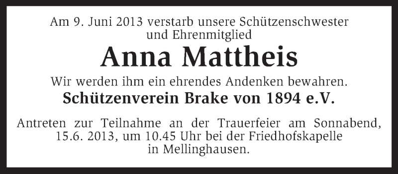  Traueranzeige für Anna Mattheis vom 12.06.2013 aus KRZ