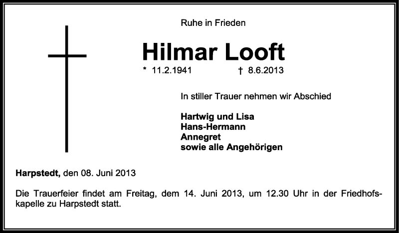  Traueranzeige für Hilmar Looft vom 12.06.2013 aus KRZ
