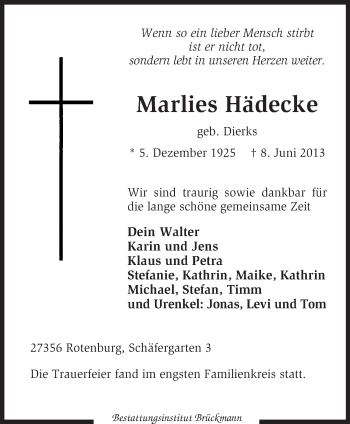 Traueranzeige von Marlies Hädecke von KRZ
