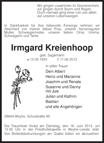 Traueranzeige von Irmgard Kreienhoop von KRZ