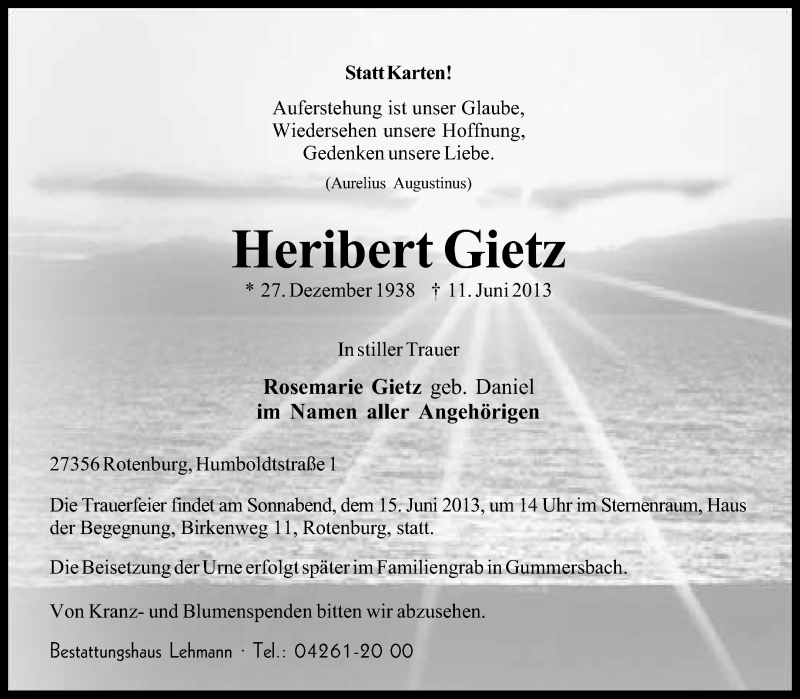  Traueranzeige für Heribert Gietz vom 13.06.2013 aus KRZ