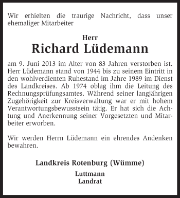 Traueranzeige von Richard Lüdemann von KRZ