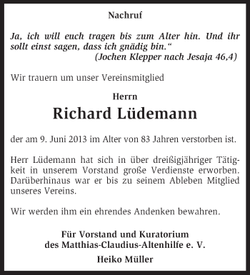 Traueranzeige von Richard Lüdemann von KRZ