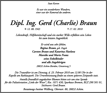 Traueranzeige von Gerd Braun von KREISZEITUNG SYKE