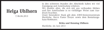 Traueranzeige von Helga Uhlhorn von KRZ