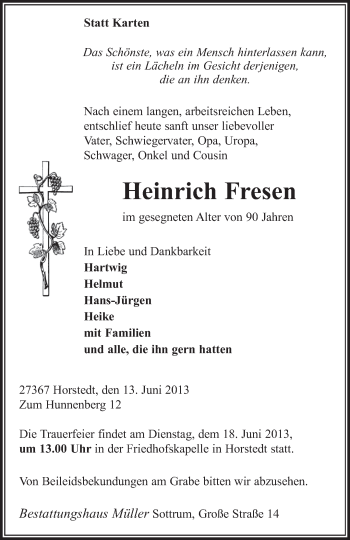 Traueranzeige von Heinrich Fresen von KRZ