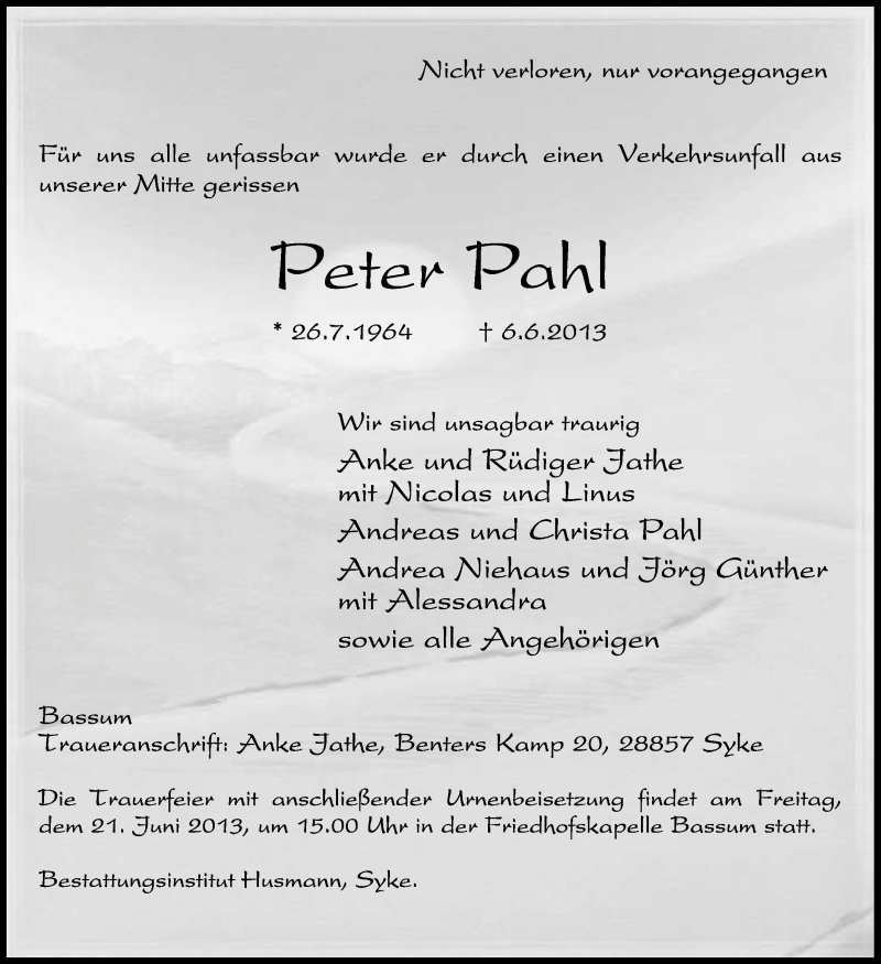  Traueranzeige für Peter Pahl vom 15.06.2013 aus KRZ