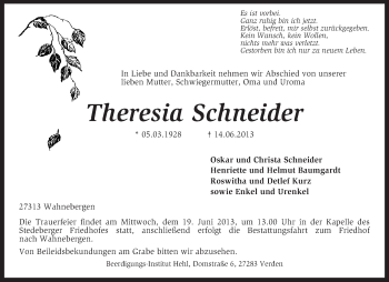 Traueranzeige von Theresia Schneider von KRZ