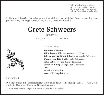 Traueranzeige von Grete Schweers von KRZ