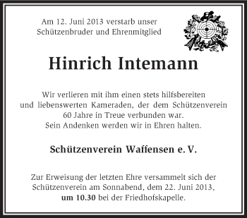 Traueranzeige von Hinrich Intemann von KRZ