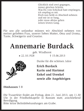 Traueranzeige von Annemarie Burdack von KRZ