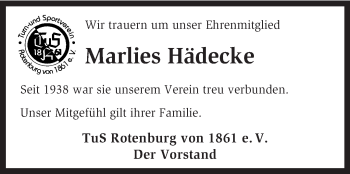 Traueranzeige von Marlies Hädecke von KRZ