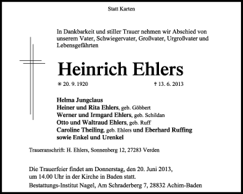 Traueranzeige von Heinrich Ehlers von KRZ