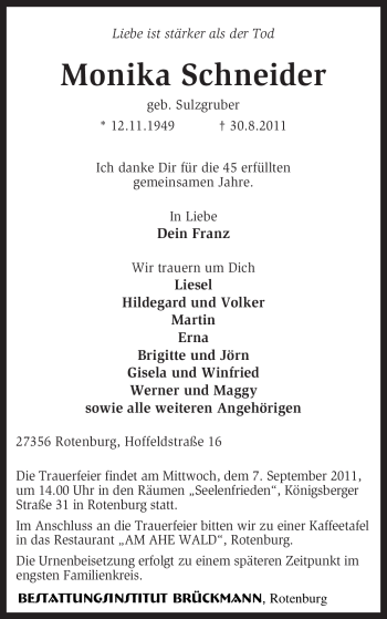 Traueranzeige von Monika Schneider von KREISZEITUNG SYKE